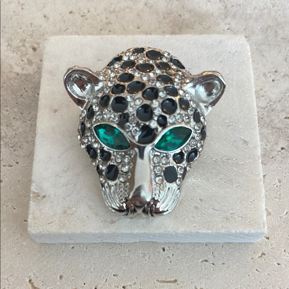 Saks Fifth Avenue Silver and Black Panther Brooch with Gemstone Eyes
